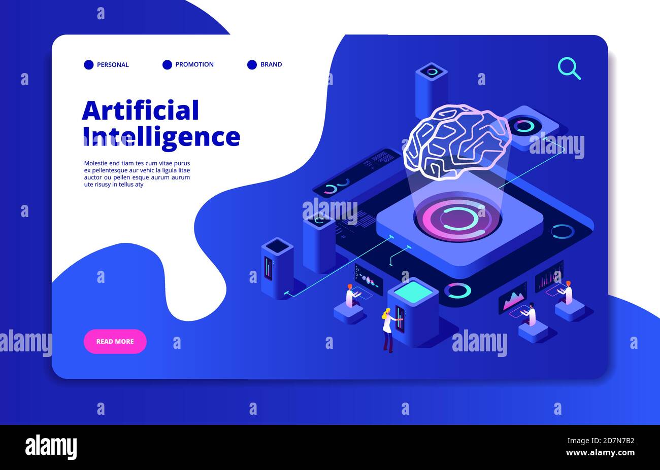 Artificial intelligence concept. Ai smart technology brain networking neural intelligent solutions futuristic landing vector page. Ai intelligence, brain artificial, digital intellect illustration Stock Vector