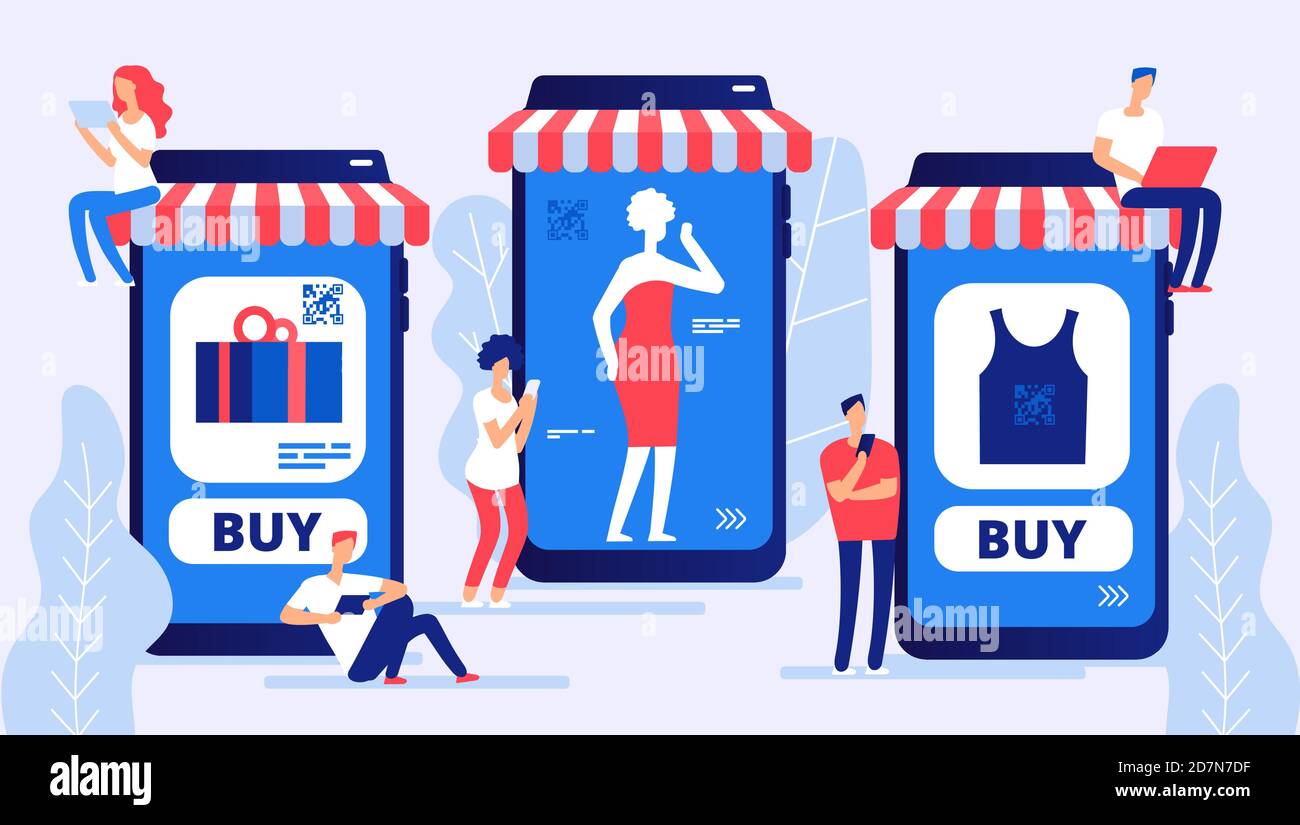 Online shopping concept. Boy and girl, vector buyers with laptop and phones. Online store and customers vector illustration. Online store, app mobile smartphone, customer buy Stock Vector