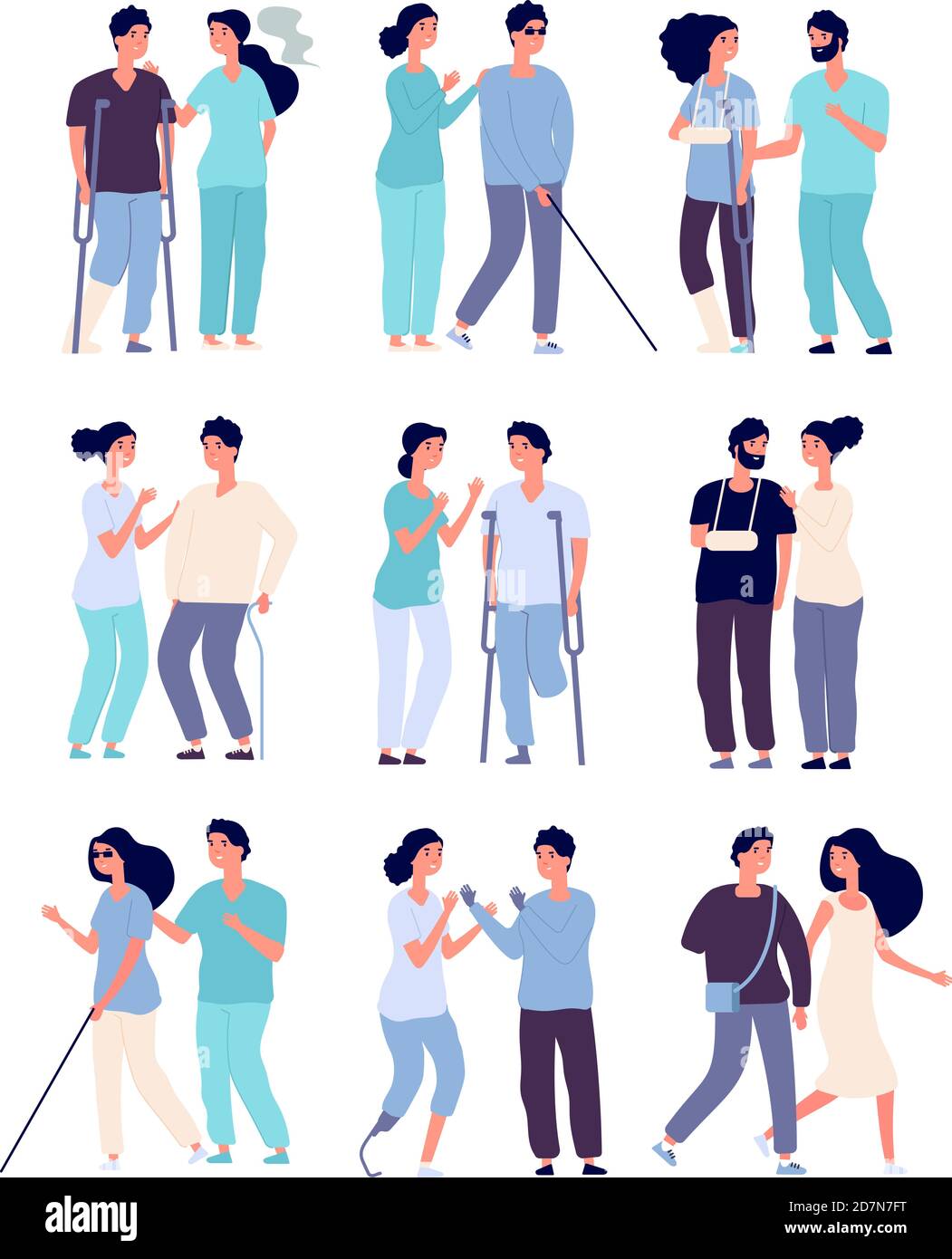 Disabled people and assistants. persons in wheelchair, men with crutches and prosthesis with nurses vector disabilities characters. Disabled and handicapped people illustration Stock Vector