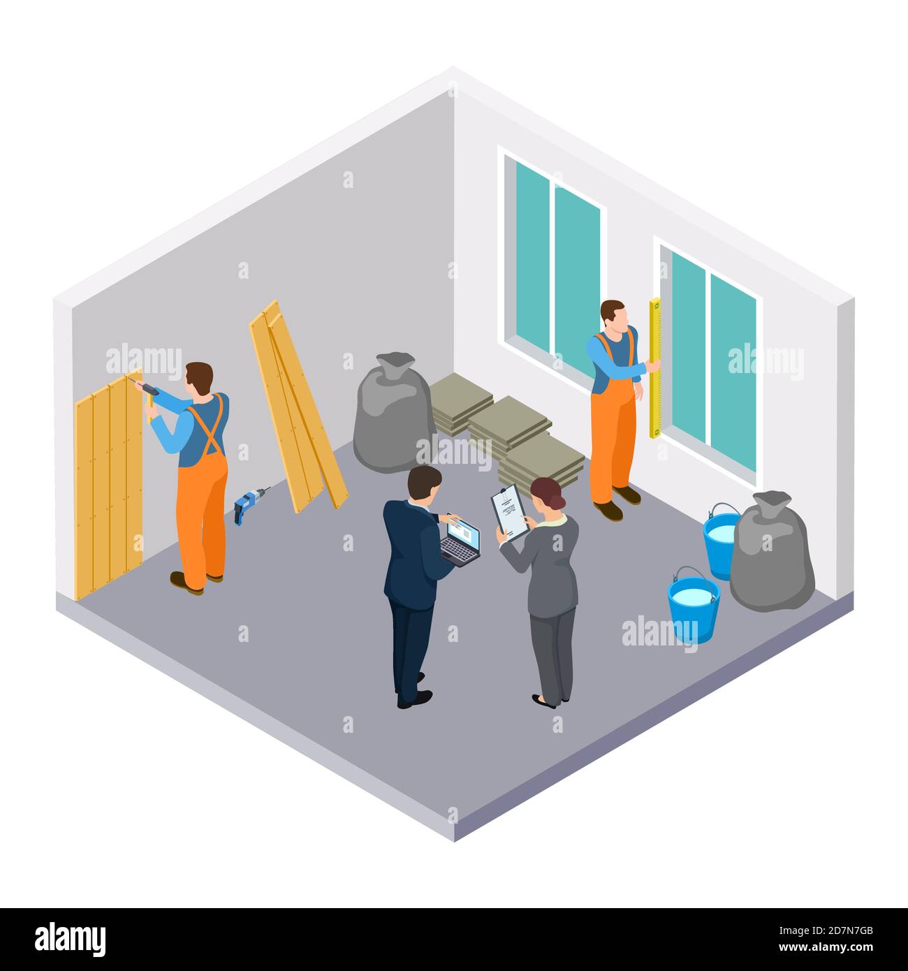 Isometric construction workers, room repair isometric vector illustration. Renovation and repair apartment at house Stock Vector