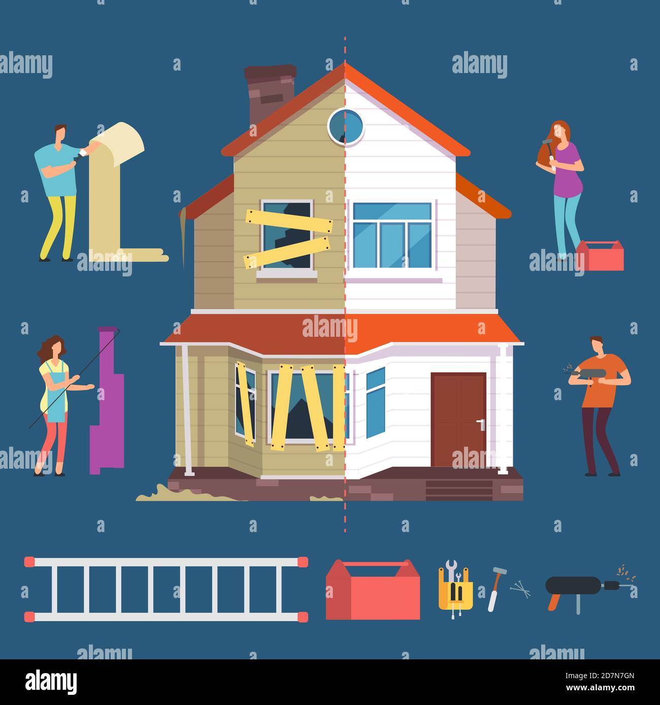 Repair and renovation house vector concept. People with tools characters. Illustration improvement and transformation, repairman and woman painter Stock Vector