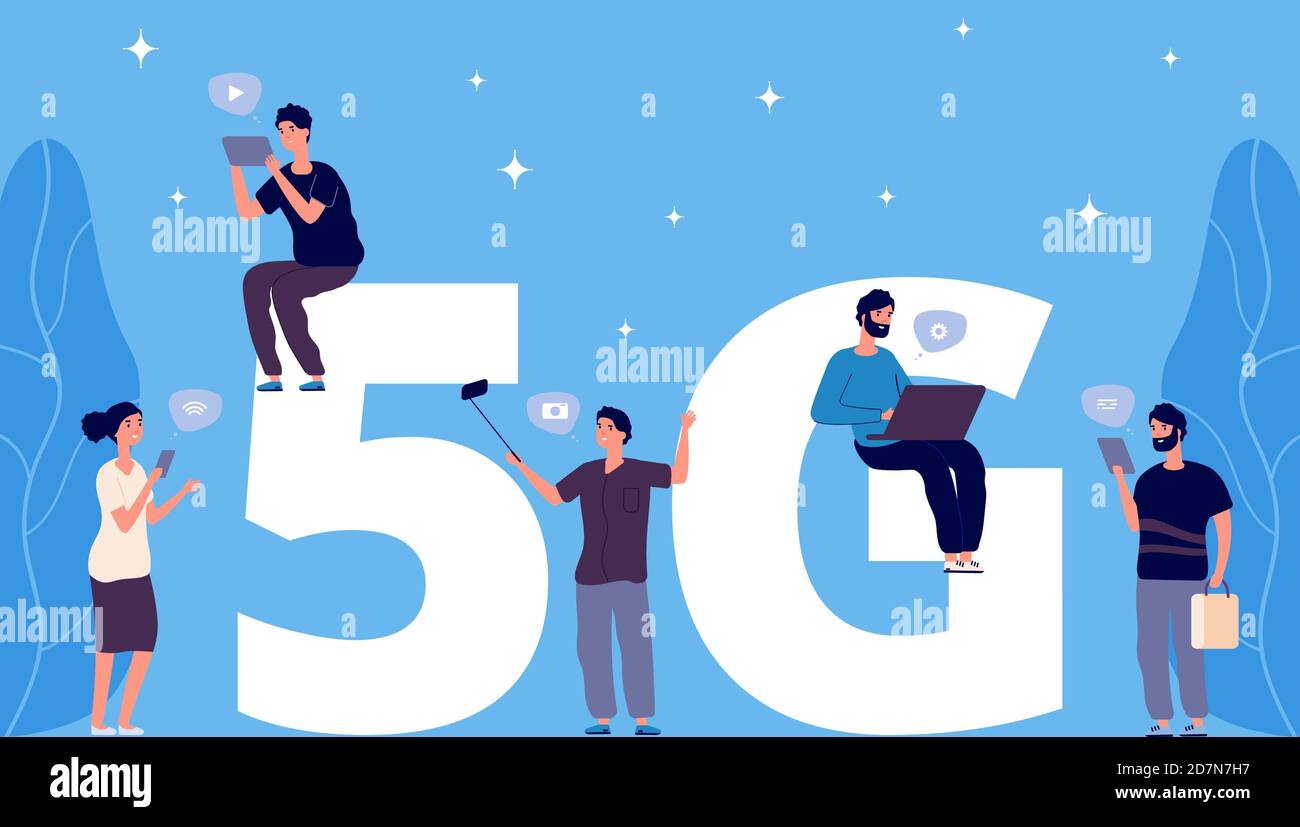 5G concept. Flat tiny people with phones and laptops vector characters. 5G wireless connection. Illustration 5g network wireless, people connection fast internet Stock Vector