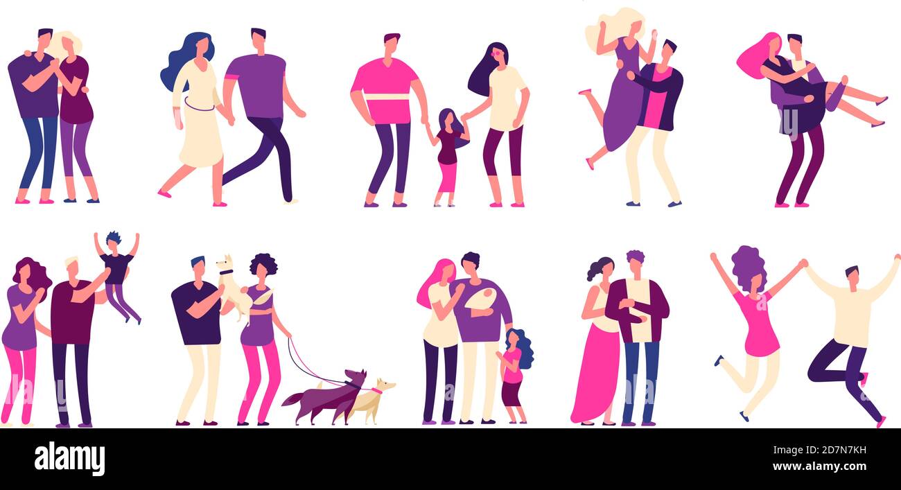 Romantic people set. Happy couples hug kiss boyfriend girlfriend lover beautiful young romantic family man woman love isolated vectors. Boyfriend and girlfriend couple, happy woman man illustration Stock Vector