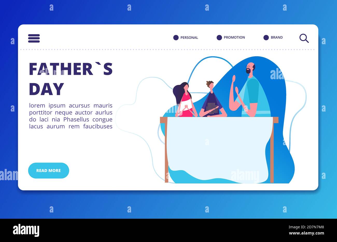 Fathers Day landing web page vector template. Father with family, boy and girl illustration Stock Vector