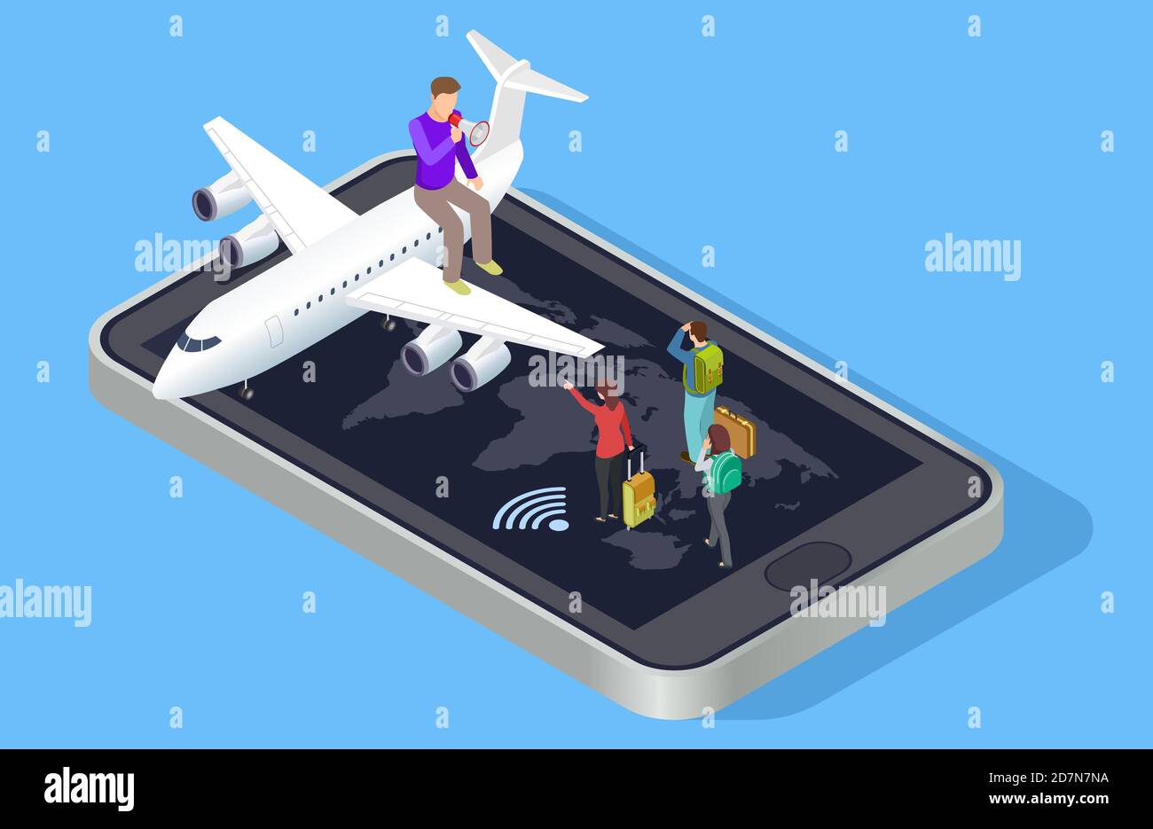 Travel manager invites to travel vector concept. Isometric online travel booking concept. Illustration of online booking plane with smartphone Stock Vector
