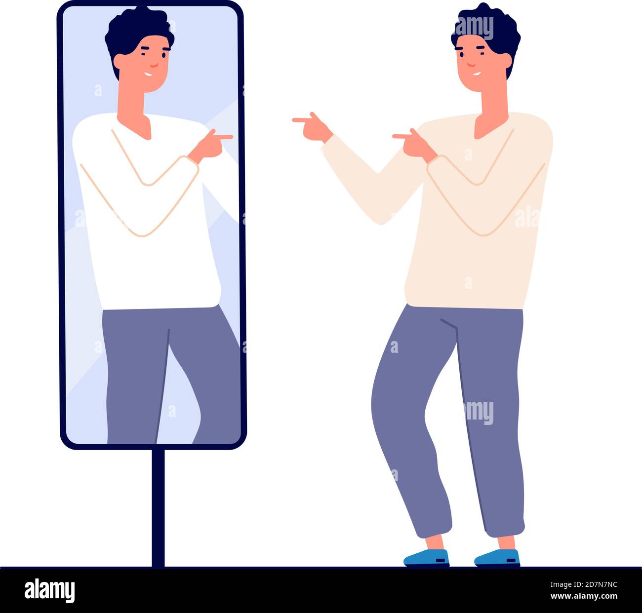 Man at mirror. guy self looking reflection, love of self. narcissism and vanity. egotism mirrored vector concept. Illustration of look selfishness, narcissistic and admiring Stock Vector