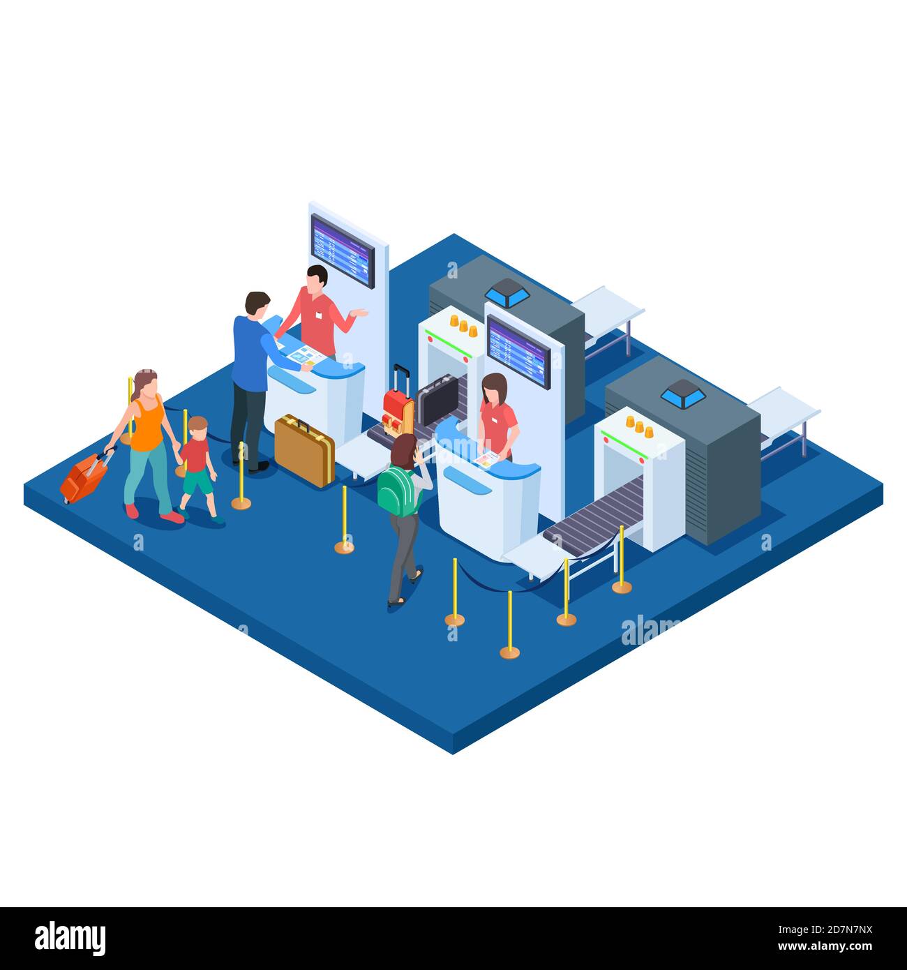 Airport check-in desk, passengers and bags isometric vector concept. Illustration of flight check-in luggage Stock Vector