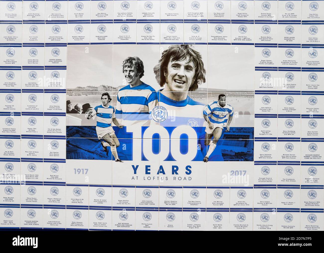 24th October 2020; The Kiyan Prince Foundation Stadium, London, England; English Football League Championship Football, Queen Park Rangers versus Birmingham City; Display in stands for the centenary of 100 years at Loftus Road stadium showing Stan Bowles Stock Photo