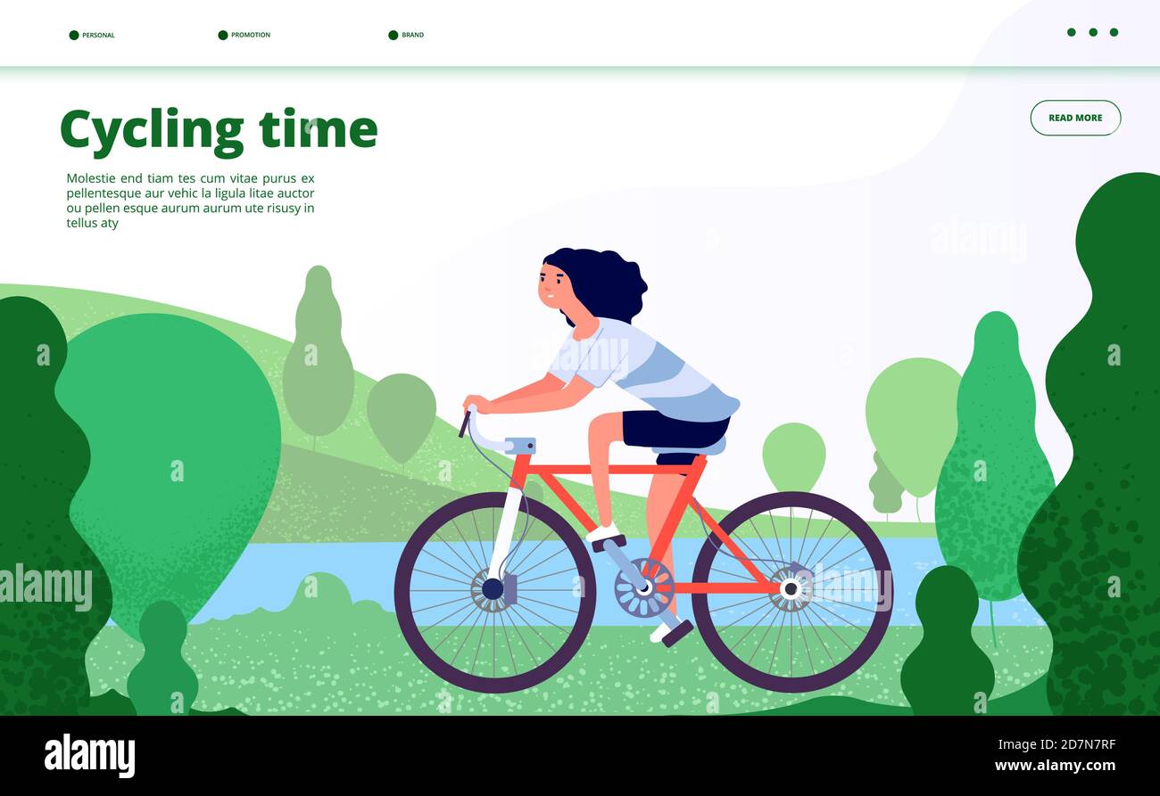 Sports landing. Woman cycling, fitness sport exercises. Person riding bicycle in forest park, enjoy healthy lifestyle web vector page. Woman ride by bicycl in park near lake illustration Stock Vector