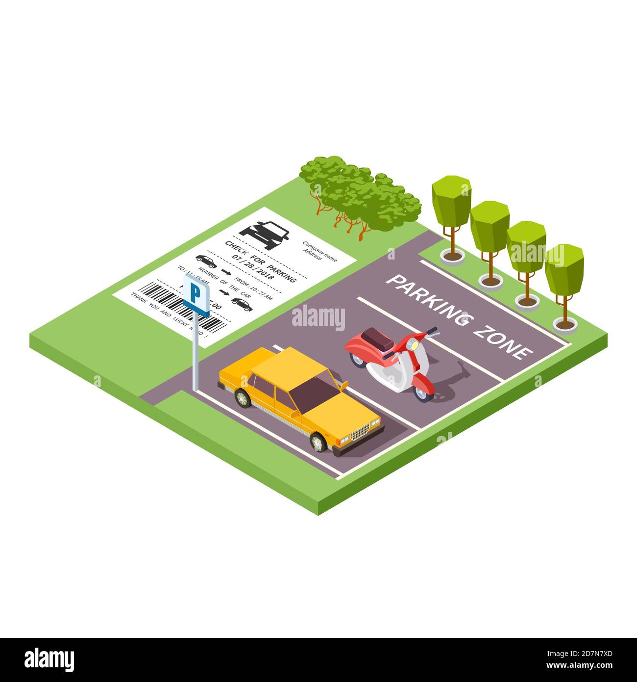 Isometric car parking zone vector illustration 3d. Urban parking zone, service park for vehicle Stock Vector