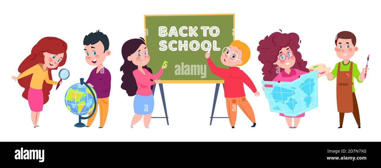 School kids vector. Students cartoon character isolated on white background. Back to school illustration. Girl and boy, student education with classmate Stock Vector