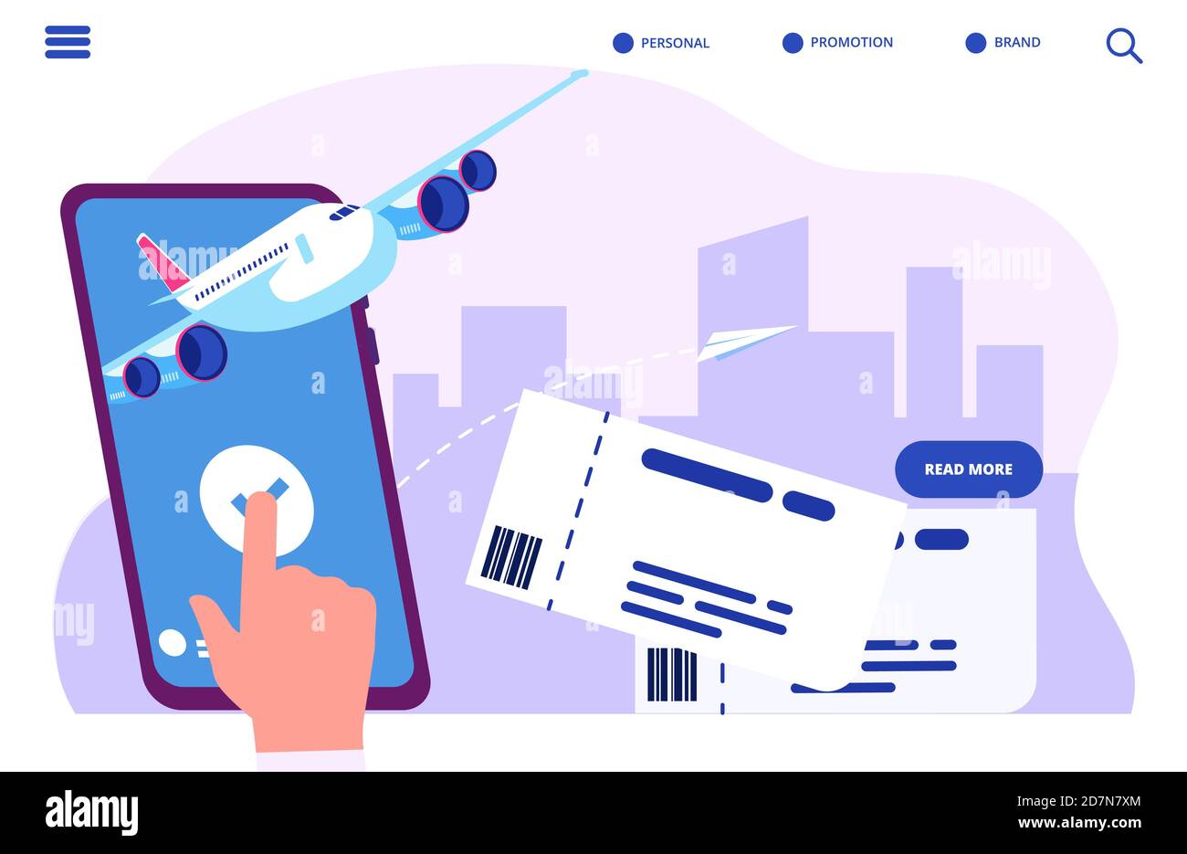 Booking online tickets vector concept. Buy or check in. Illustration of online ticket, tourism and travel, vacation and journey by plane Stock Vector
