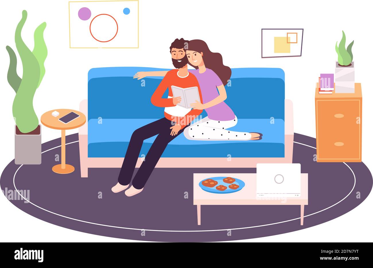 Couple reading. Young happy family reading and resting on couch in living room at home. Holiday relax indoor vector concept. Illustration of woman and man couple, leisure and relaxation Stock Vector