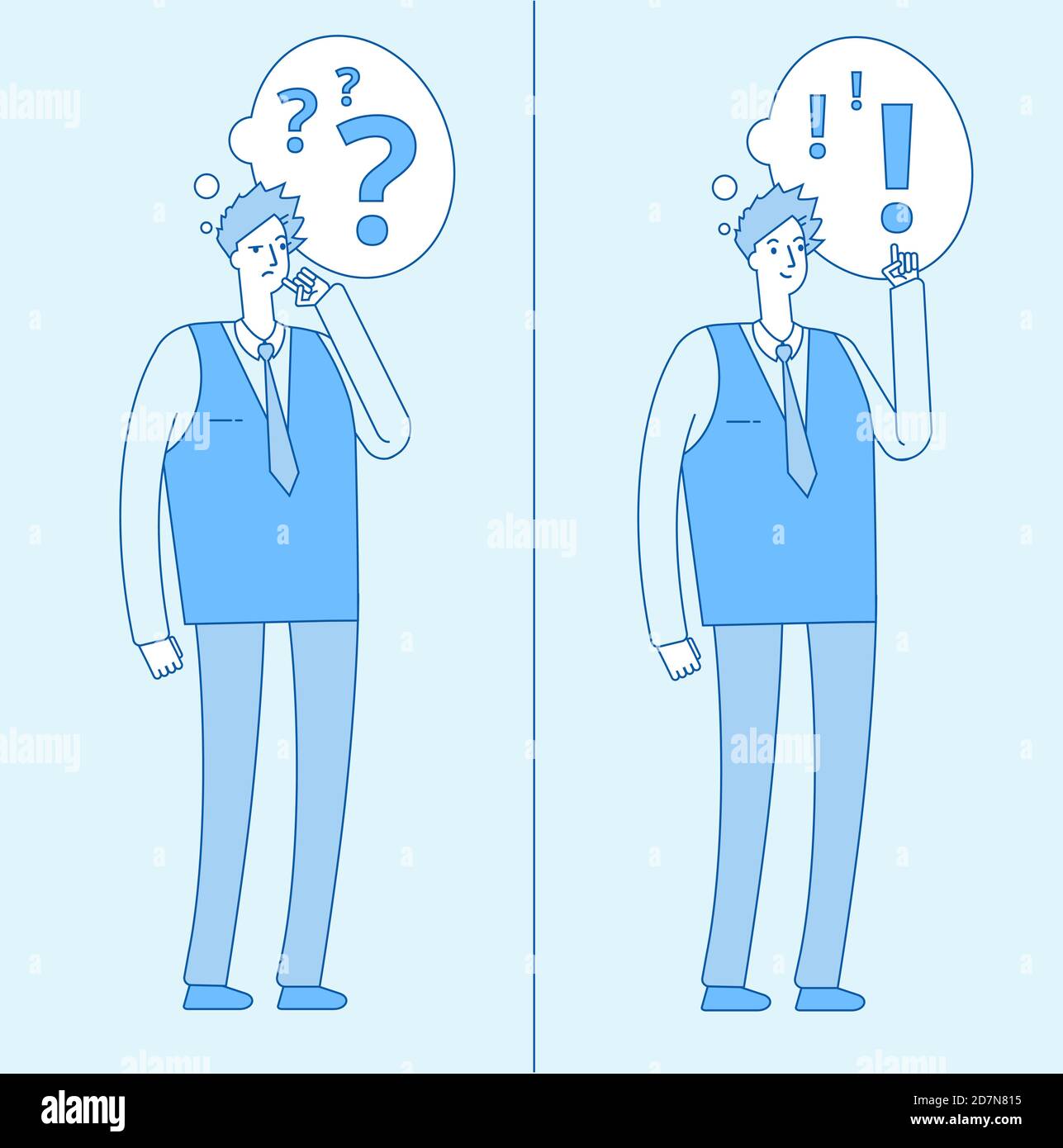 Young confused man. Thinking student with question marks and person with problem solution. Dilemma and understanding vector concept. Illustration of man with question student confused Stock Vector