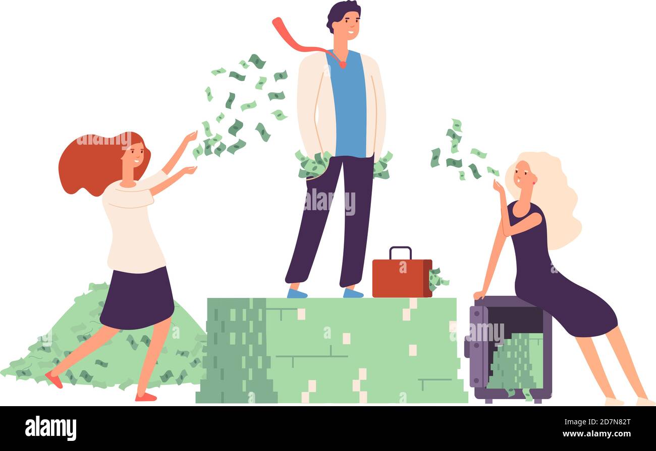 Rich concept. Businessman standing on money dollar pile expensive life prosperity. Finance management profitability greed vector stock. Businessman rich, stay on dollar pile illustration Stock Vector