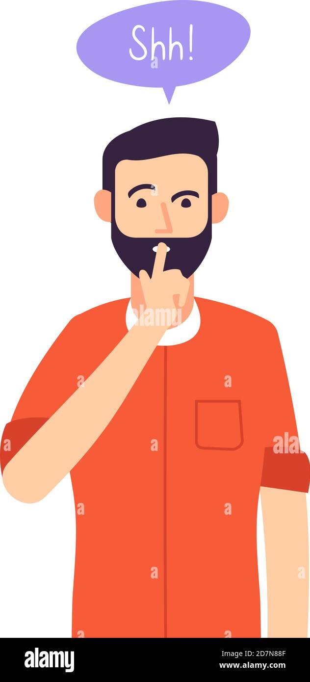 Shh man. Business secret, serious male with silence hand gesture at closed mouth. Silence please keep quiet vector concept. Gesture silence person, man silent and mute illustration Stock Vector