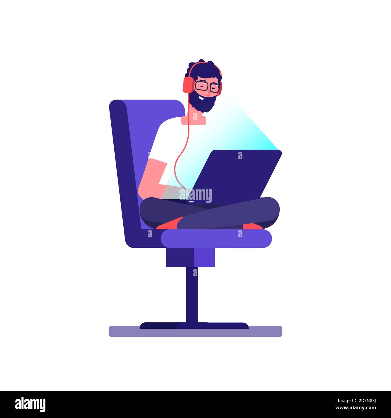 Young freelancer programmer coding with laptop. Vector geek character isolated on white background. Illustration of programmer coding, freelancer professional Stock Vector