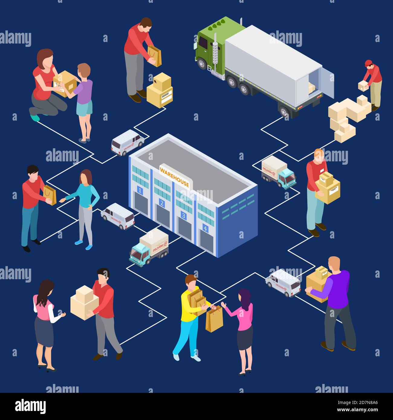 Vector 3d isometric warehouse and delivery concept. Illustration of delivery package and parcel, warehouse express delivering Stock Vector