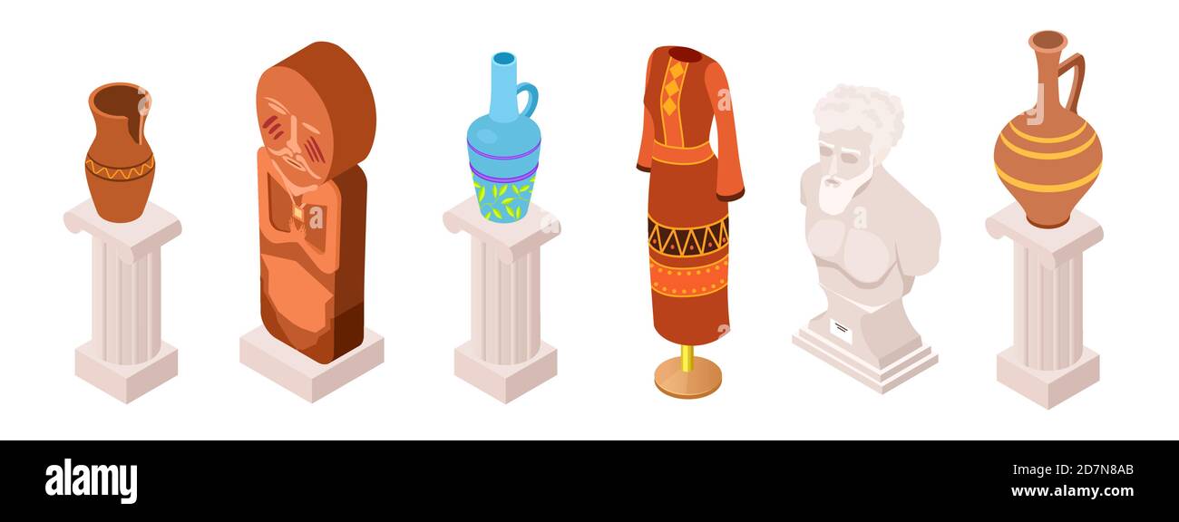 Isometric vector ancient museum exhibits, clothes and totems collection. Illustration of ancient museum sculpture, exposure statue Stock Vector