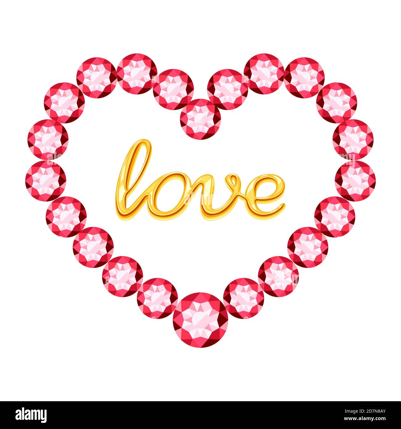 Pink heart of crystals and gold inscription love isolated on white background. Pink gem heart, jewelry precious shape illustration Stock Vector