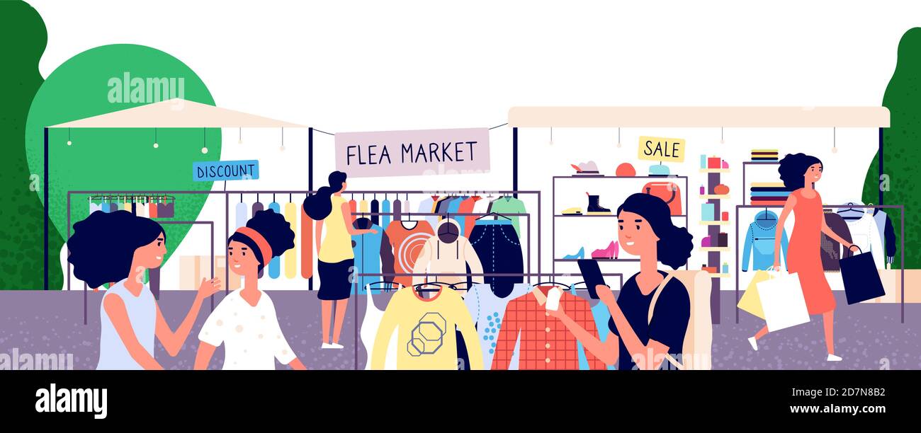 Flea market. Women shoppers choosing fashion clothes at bazaar. Garage street sale and secondhand shopping vector concept. Shopping outdoor bazaar illustration Stock Vector