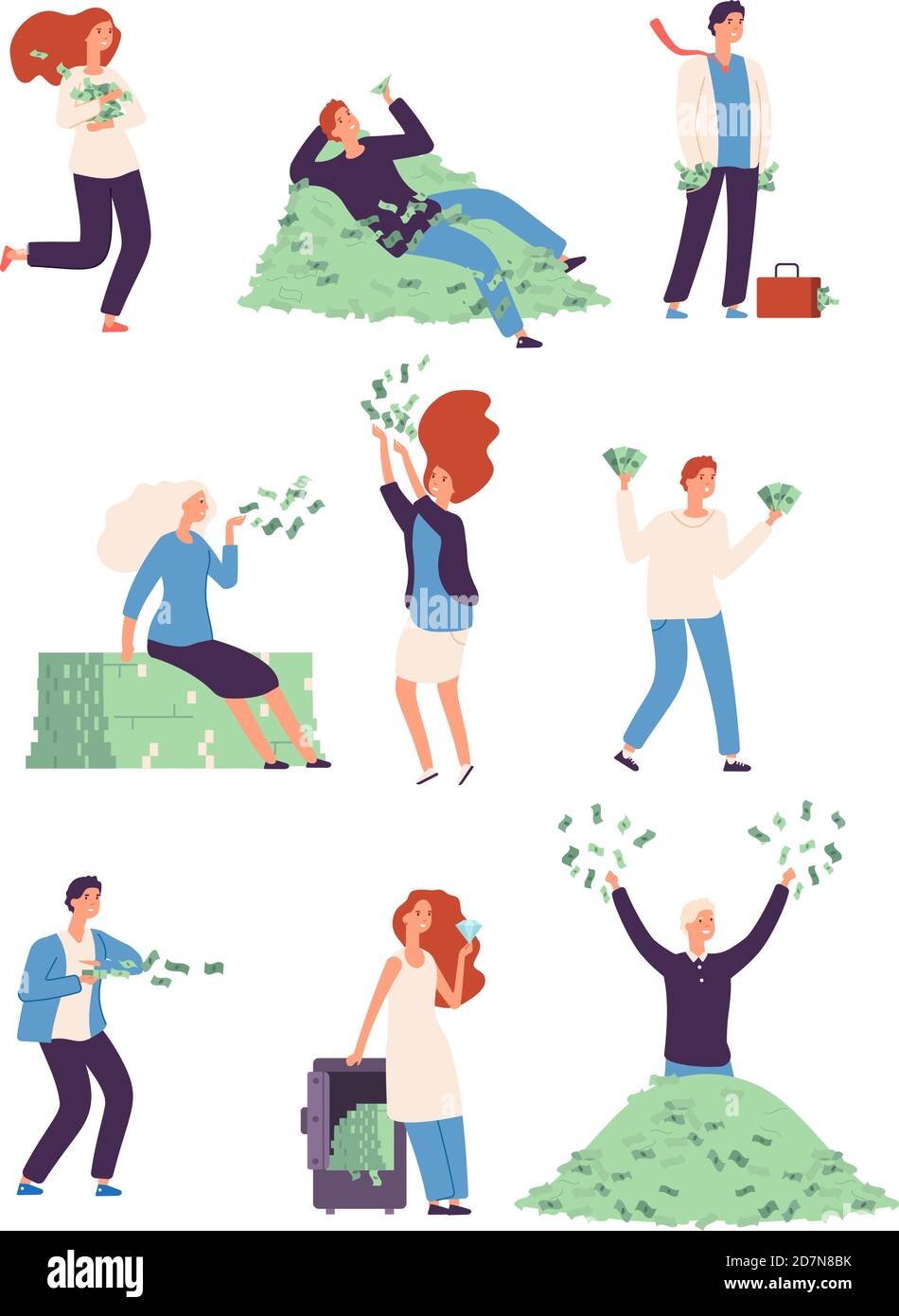 Rich people. Wealthy happy persons with money, lucky rich man and woman millionaire vector isolated characters. Illustration of people successful and rich, wealthy businessman Stock Vector