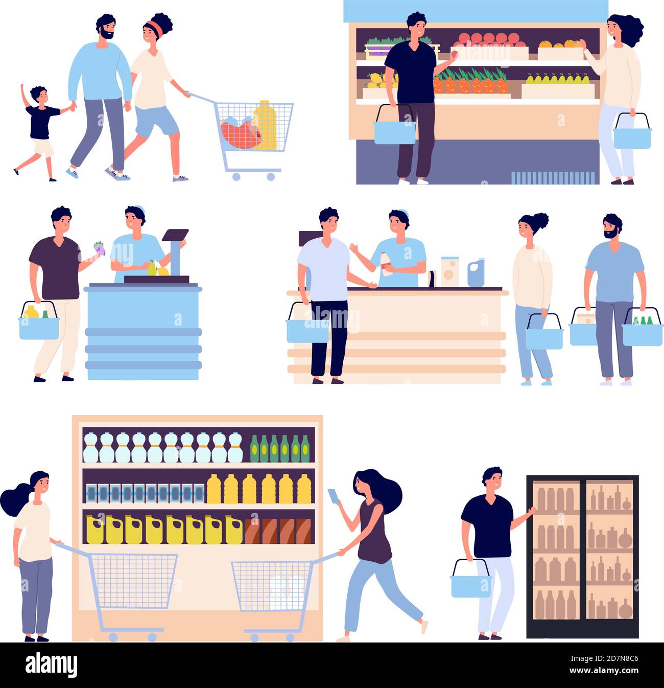 People in grocery store. Persons buying food in supermarket, shop customers woman, man with shopping cart. Isolated cartoon characters. Supermarket with customer, woman and man illustration Stock Vector