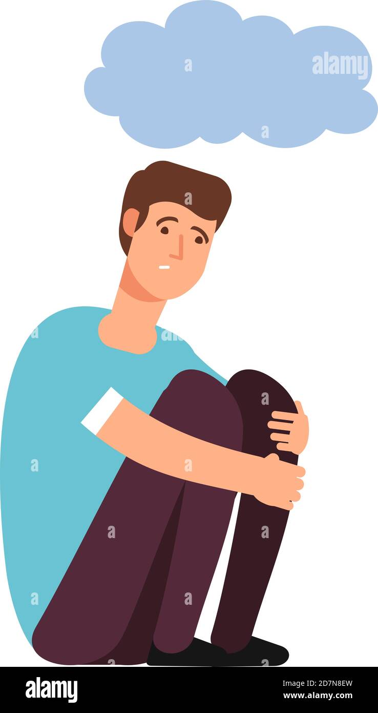 Depressed man. Depression concept homeless upset ashamed afraid lonely person sadness shame gloomy guy cartoon vector. Lonely person depression, alone man upset illustration Stock Vector