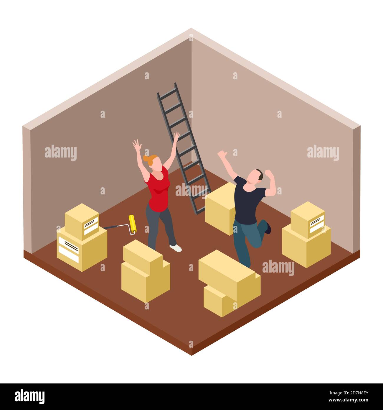 Young couple rejoices moving isometric vector concept. Family apartment moving, 3d box cardboard illustration Stock Vector