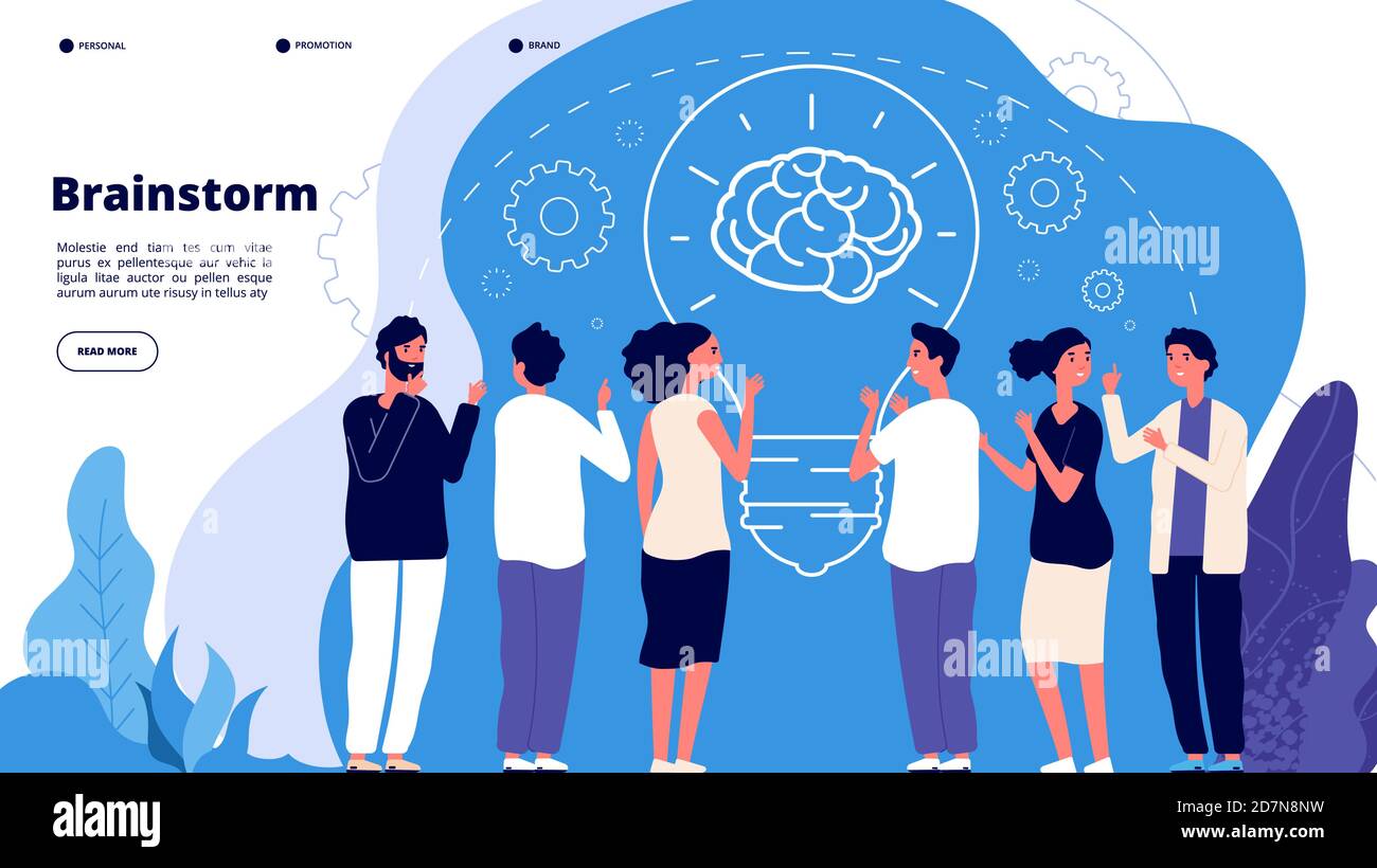 Brainstorm concept. Professionals launching creative project, brainstorming. Startup innovation teamwork business vector landing page. Illustration startup brainstorming, teamwork, strategy team Stock Vector