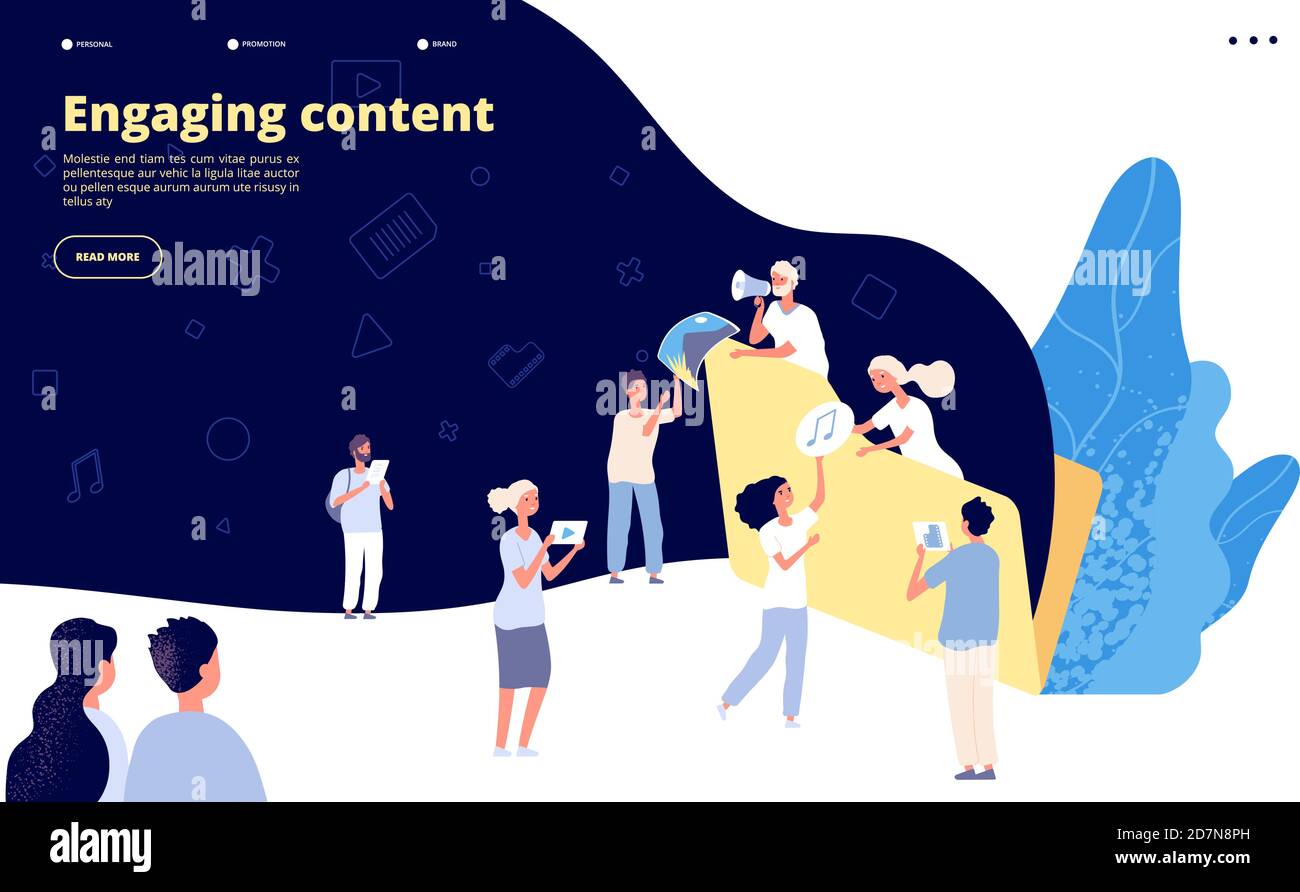 Content marketing. Blog writing, promotional article text creating strategy. Ad copywriter service landing page vector design. Illustration of engaging content video and audio file Stock Vector