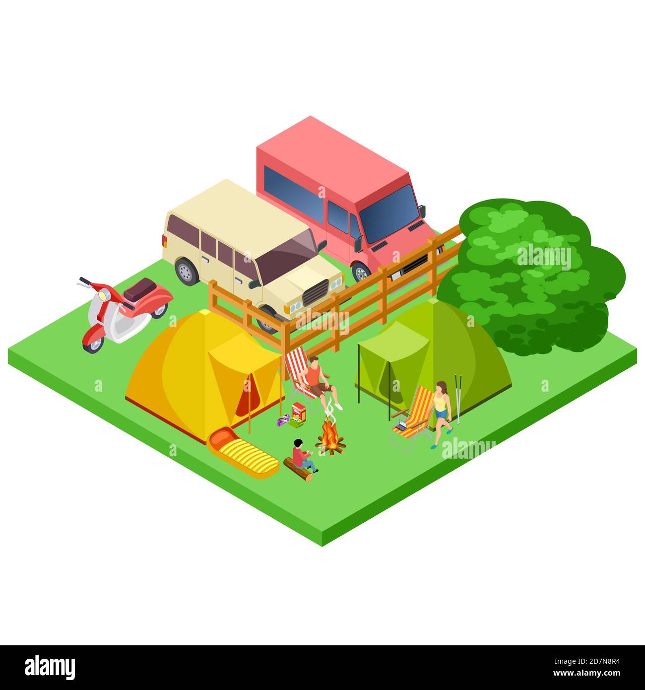 Family resting in nature, eco tourism, camping isometric vector location. Illustration of family outdoor, 3d environment grass and camp Stock Vector