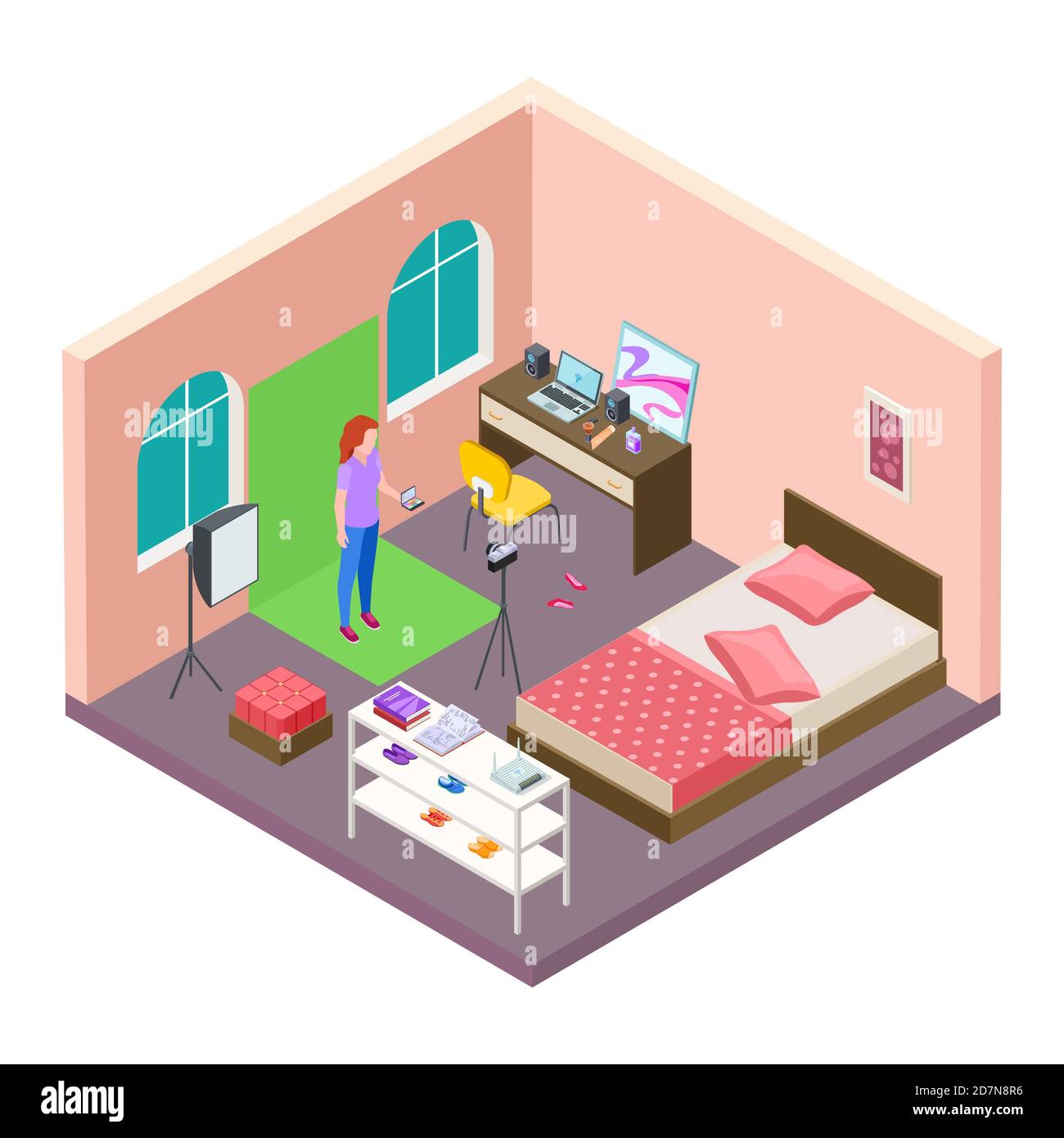 Isometric home blogging vector. Teenager teenager makes video about cosmetics on chromakey. Home blogger isometric, video about cosmetic illustration Stock Vector