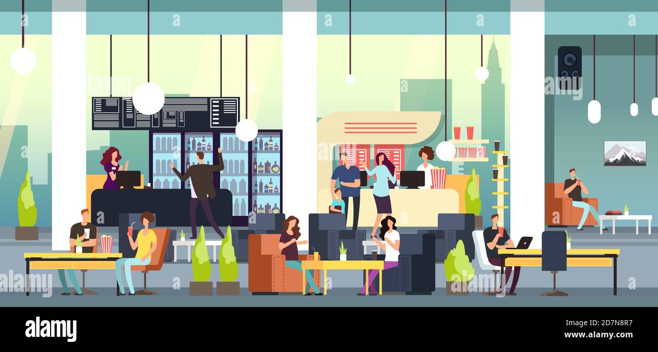 Men and women at food court vector illustration. Canteen and cafeteria