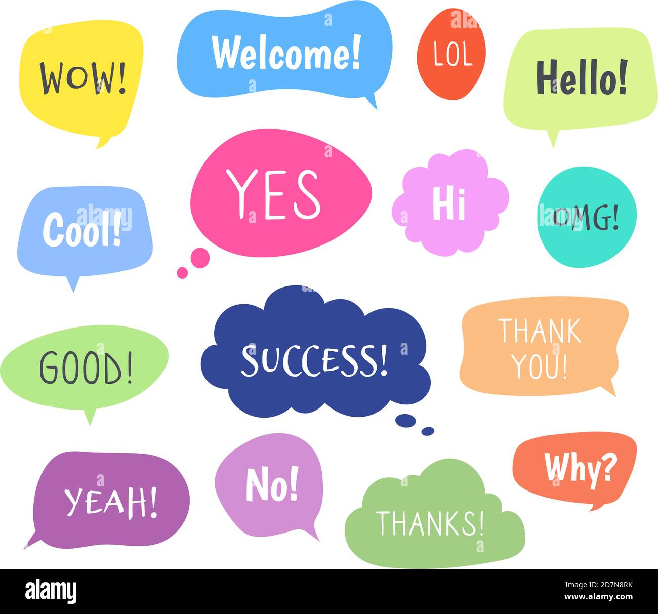 Chat words bubbles. Colorful thinking balloon conversion bubbling chatting comments information cloud comic voice shapes vector set. Message for dialog, bubble cloud speech, discussion illustration Stock Vector