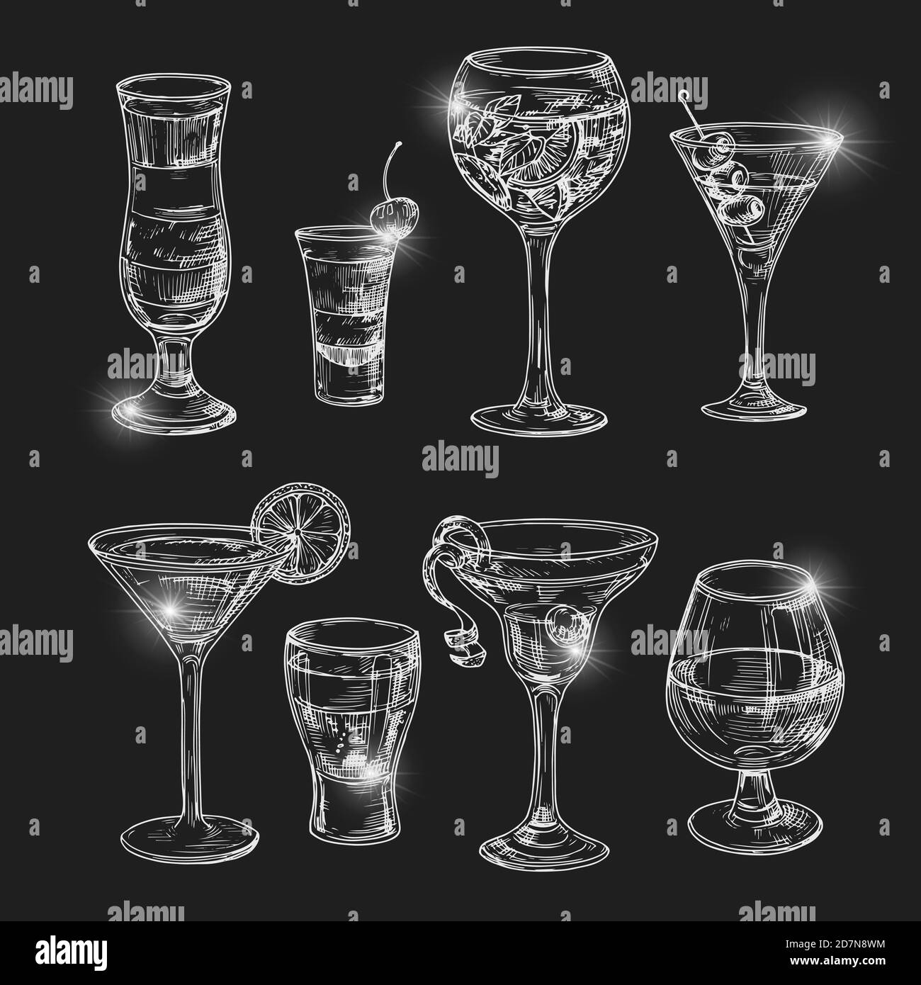 Hand dranw alcoholic cocktail with lights vector illustration. Alcohol cocktail glass, bar drink, beverage sketch Stock Vector