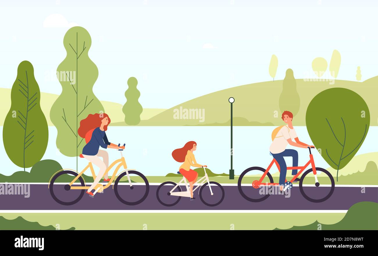 Family riding bikes. Happy parents daughter cycling bicycles together in outdoor park active lifestyle sports family vector concept. Illustration of parents with daughter ride by bicycle together Stock Vector