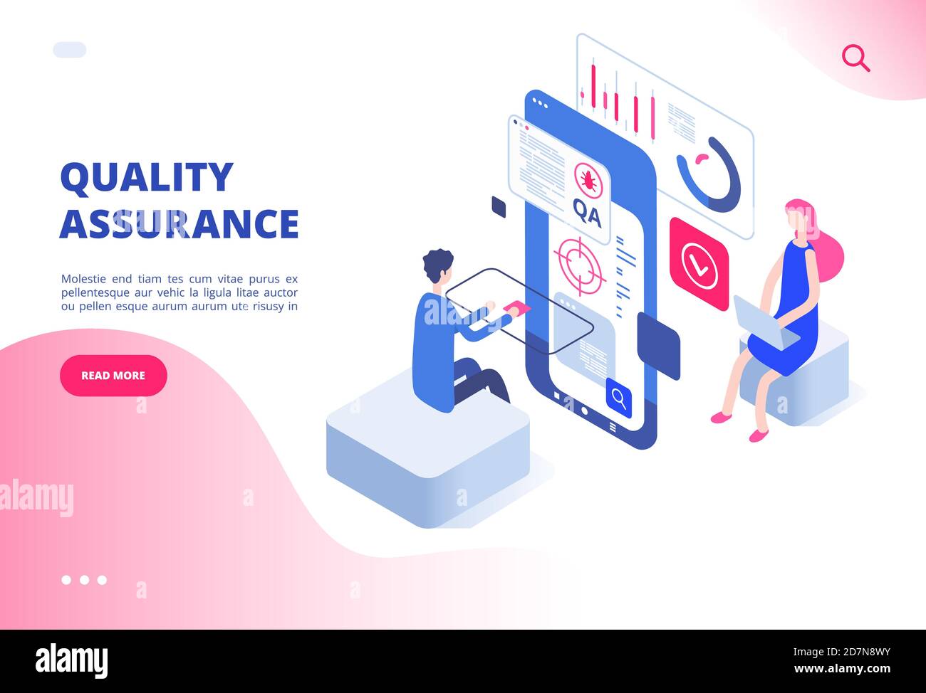 Quality assurance concept. Assured result productive decision analysis inspection software fixing bug system testing vector web page. Illustration of quality assurance control, satisfaction service Stock Vector
