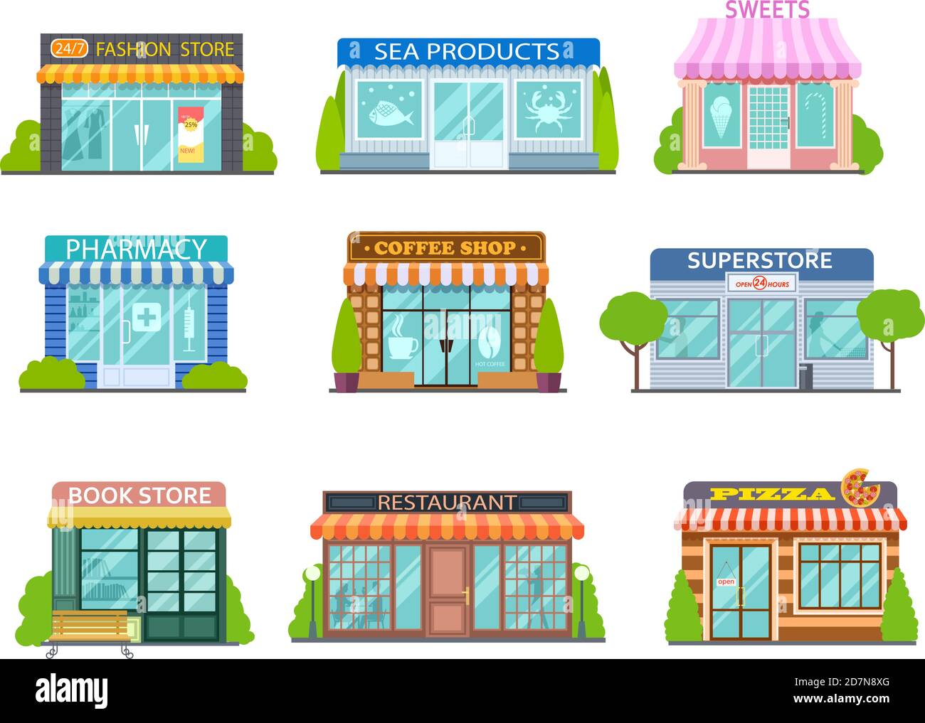 Cartoon shops. Barber shop, bookstore and pharmacy. Bakery, cafe and restaurant isolated flat stories vector street trading set. Illustration restaurant and shop building, store market Stock Vector