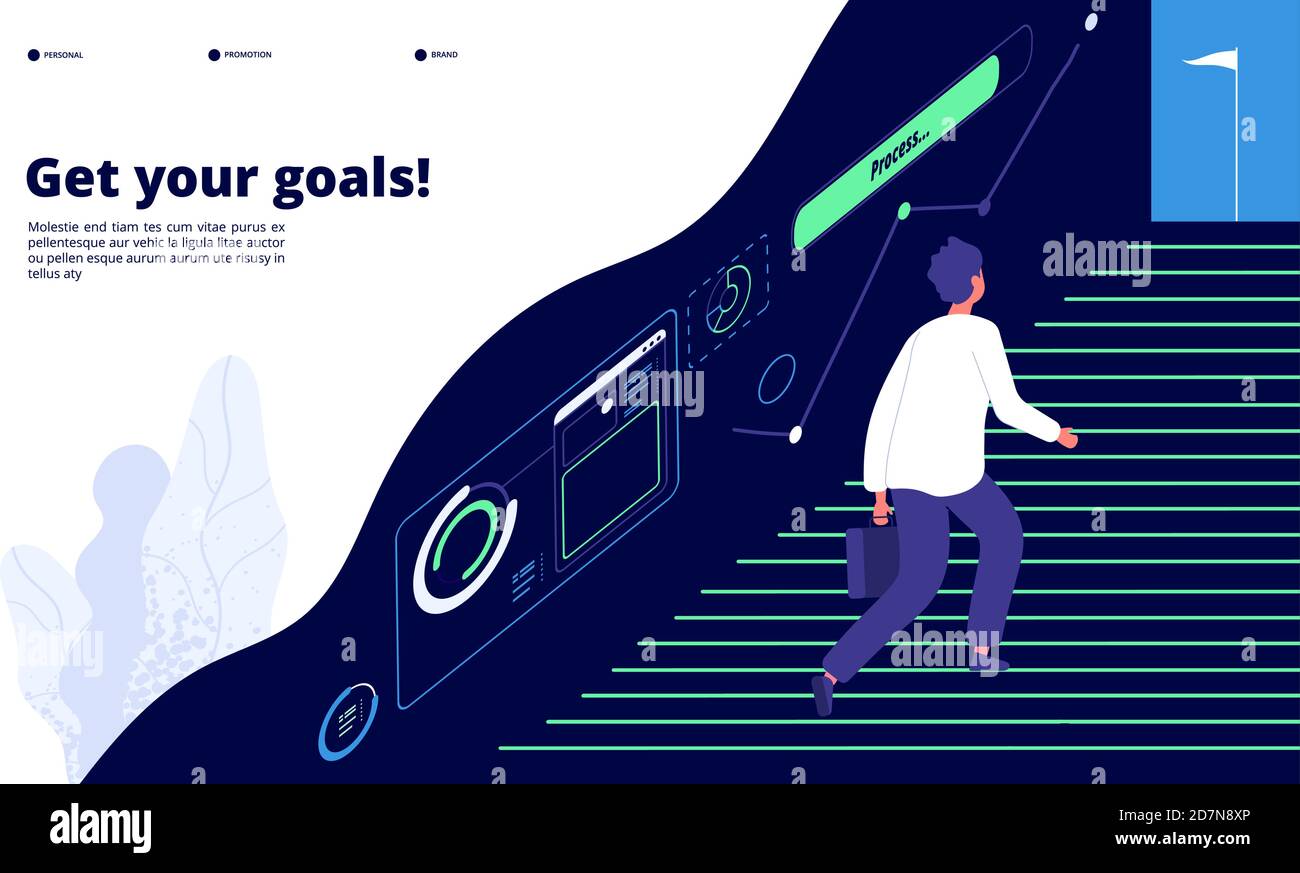 Business goal. Businessman walking up stairs to focused target. Motivation successful achievement vector landing page. Achievement challenge, career up, business focused illustration Stock Vector