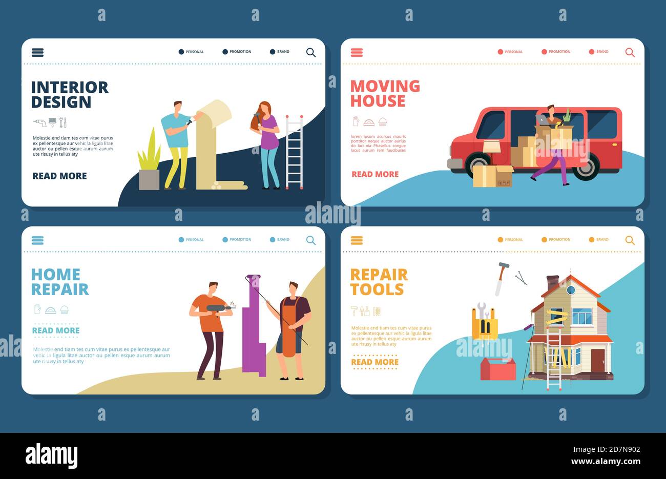 Renovation, repair, design, moving vector landing pages tempplate. Illustration moving and restoring building, renovate and relocation to home Stock Vector