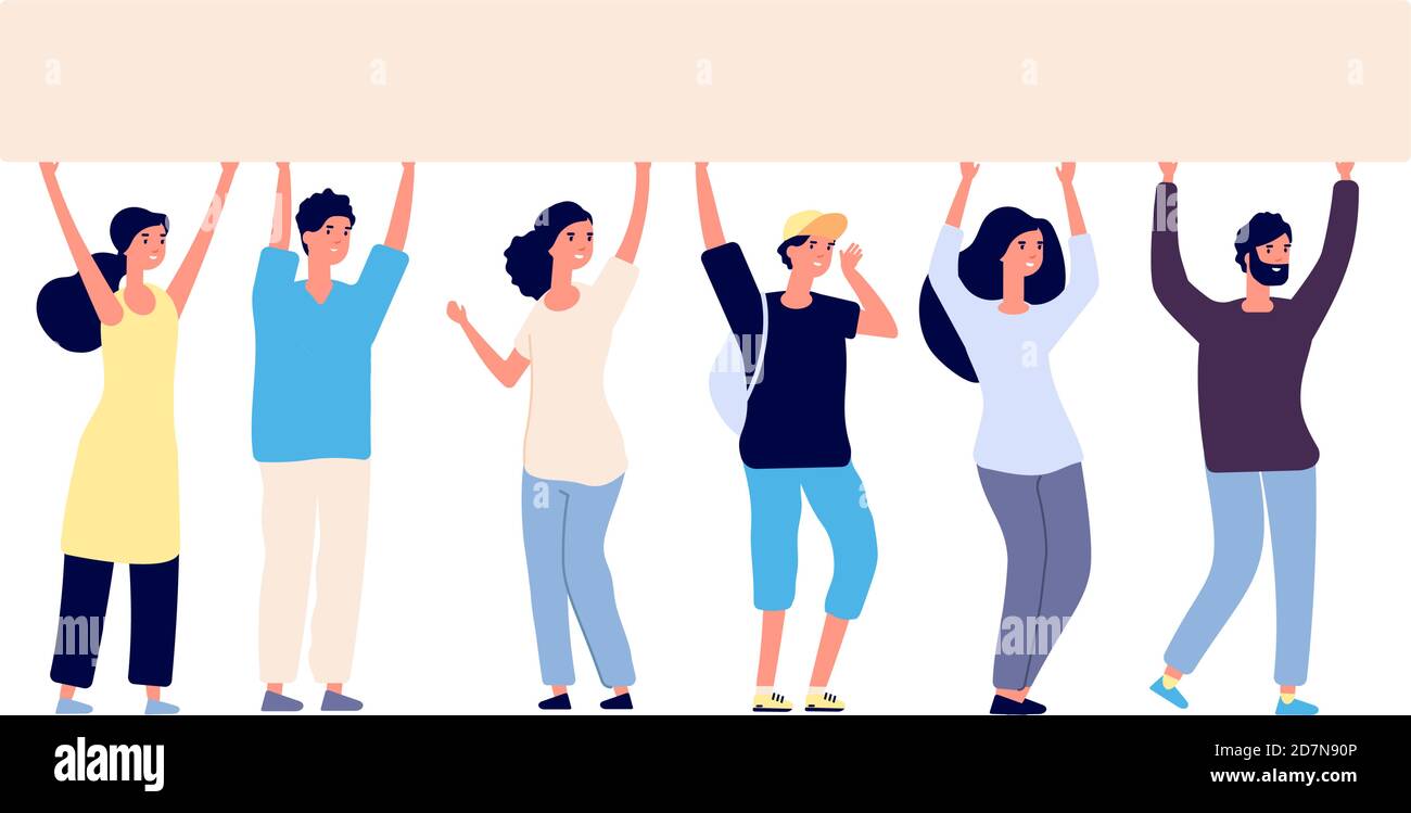 People with blank banner. People group activists holding big empty placard. Political demonstration public strike rally vector concept. Illustration team protest, piquet holding billboard together Stock Vector