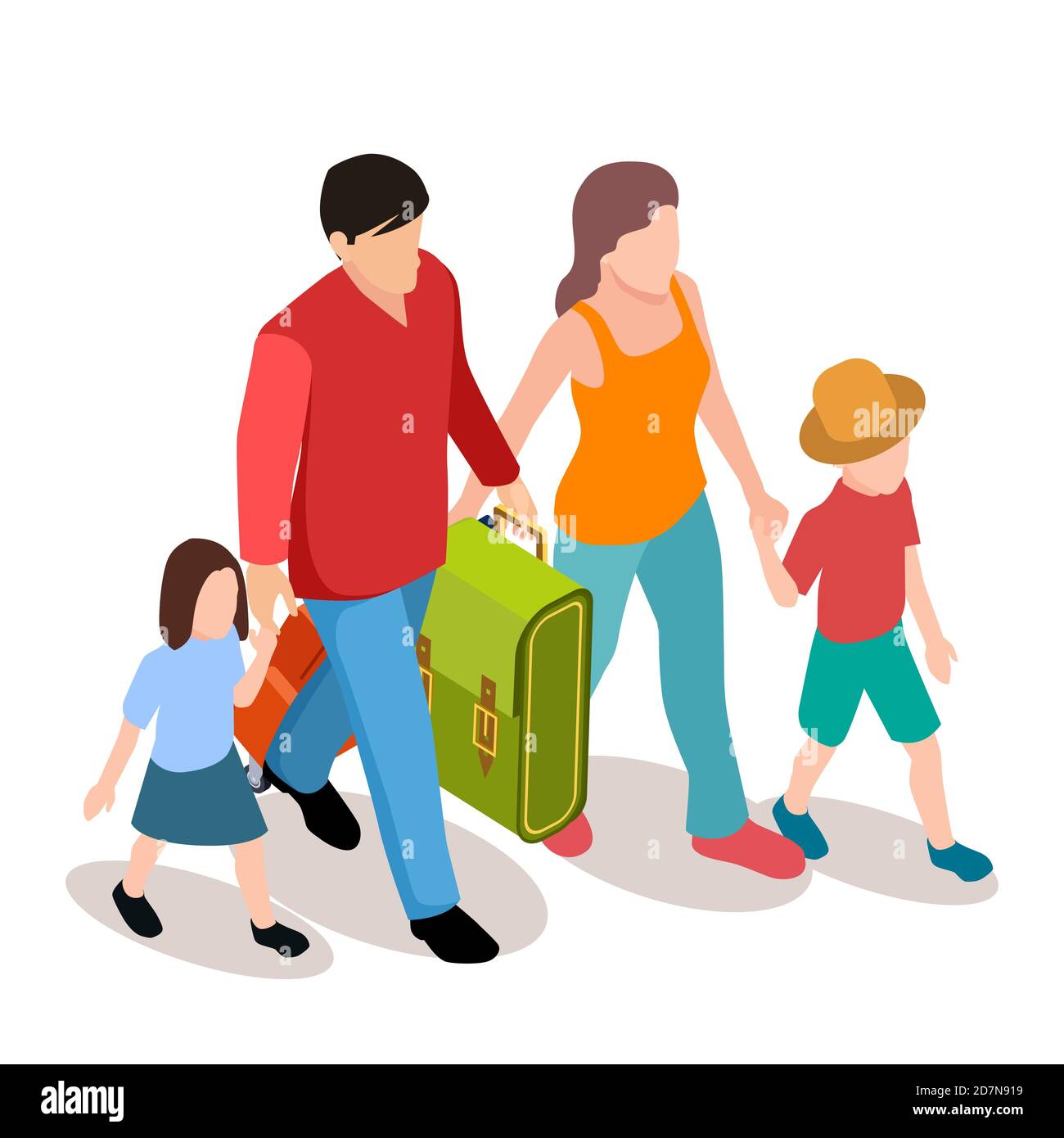 Vector family with two children traveling isometric illustration. Family journey together, mother and father with children Stock Vector