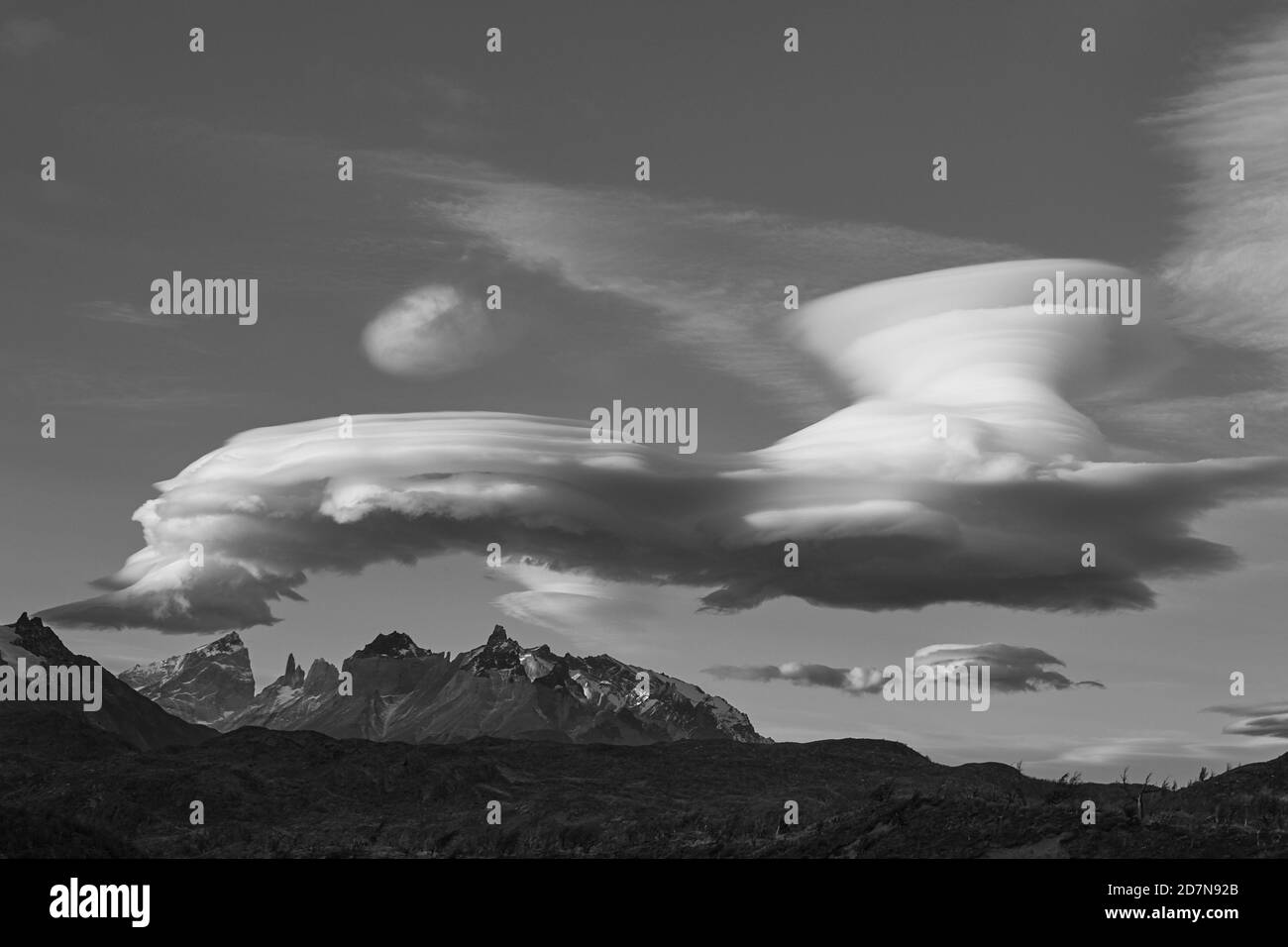Lenticular clouds over the mountains of Torres del Paine National Park in Patagonia, Chile Stock Photo