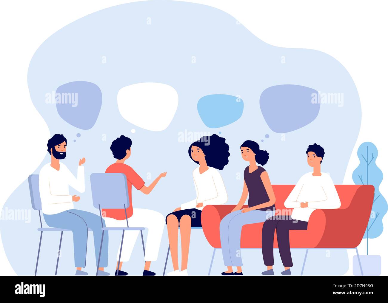 Addiction treatment concept. Group therapy, people counseling with psychologist, persons in psychotherapist sessions. Vector image. Illustration psychologist counseling group patient Stock Vector