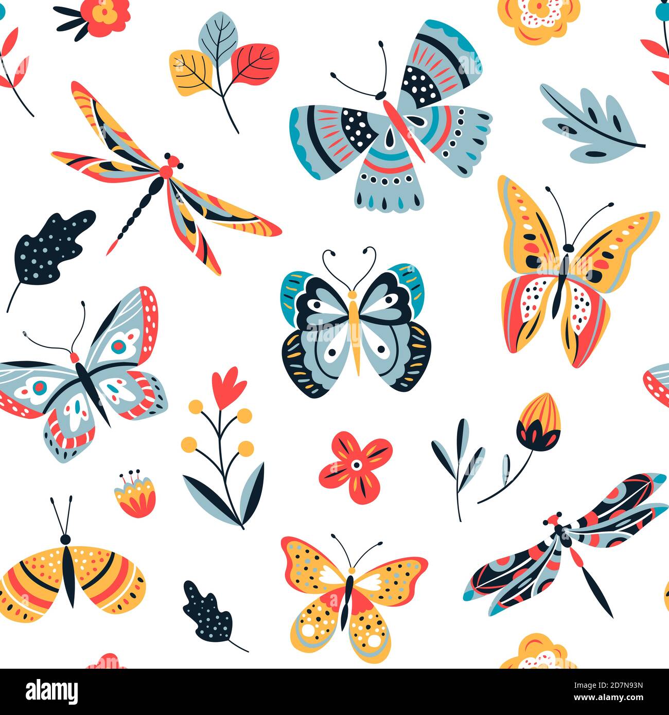 Butterfly pattern. Flying butterflies moths and summer flowers. Seamless fashion trendy fabric texture. Vector wallpaper. Illustration of seamless textile background, pattern summer Stock Vector
