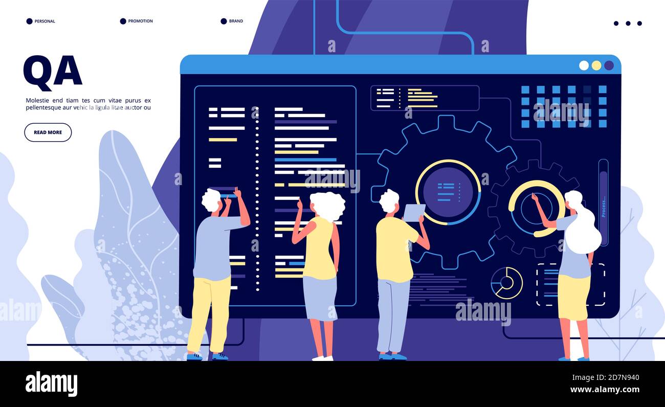 QA landing page. Testing quality assurance in software prototype. People fixing program code bugs in device. Vector concept qa and development fixing bug, software program code illustration Stock Vector