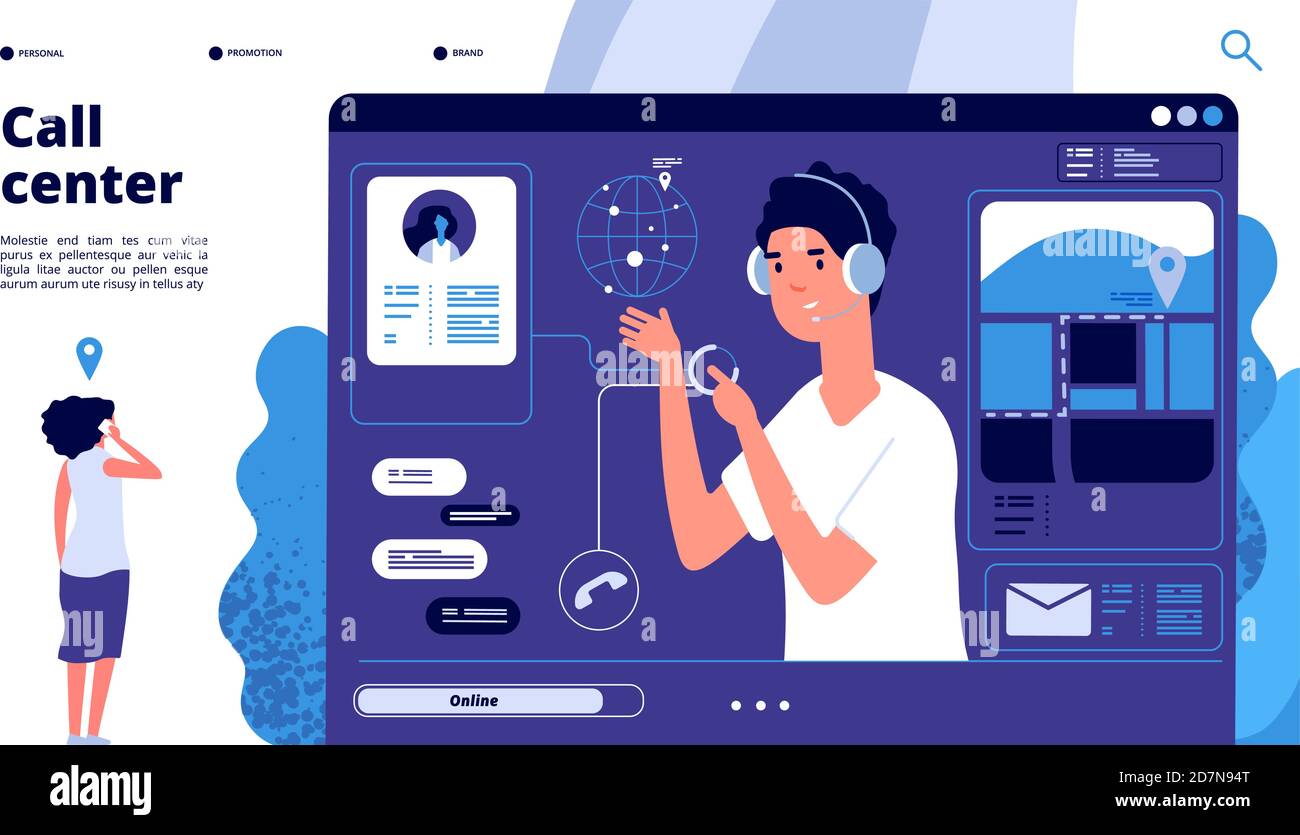 Online support concept. Customers in call center chat with operator, consultant helps client. 24x7 support vector landing page. Illustration operator support, help chat for customer Stock Vector