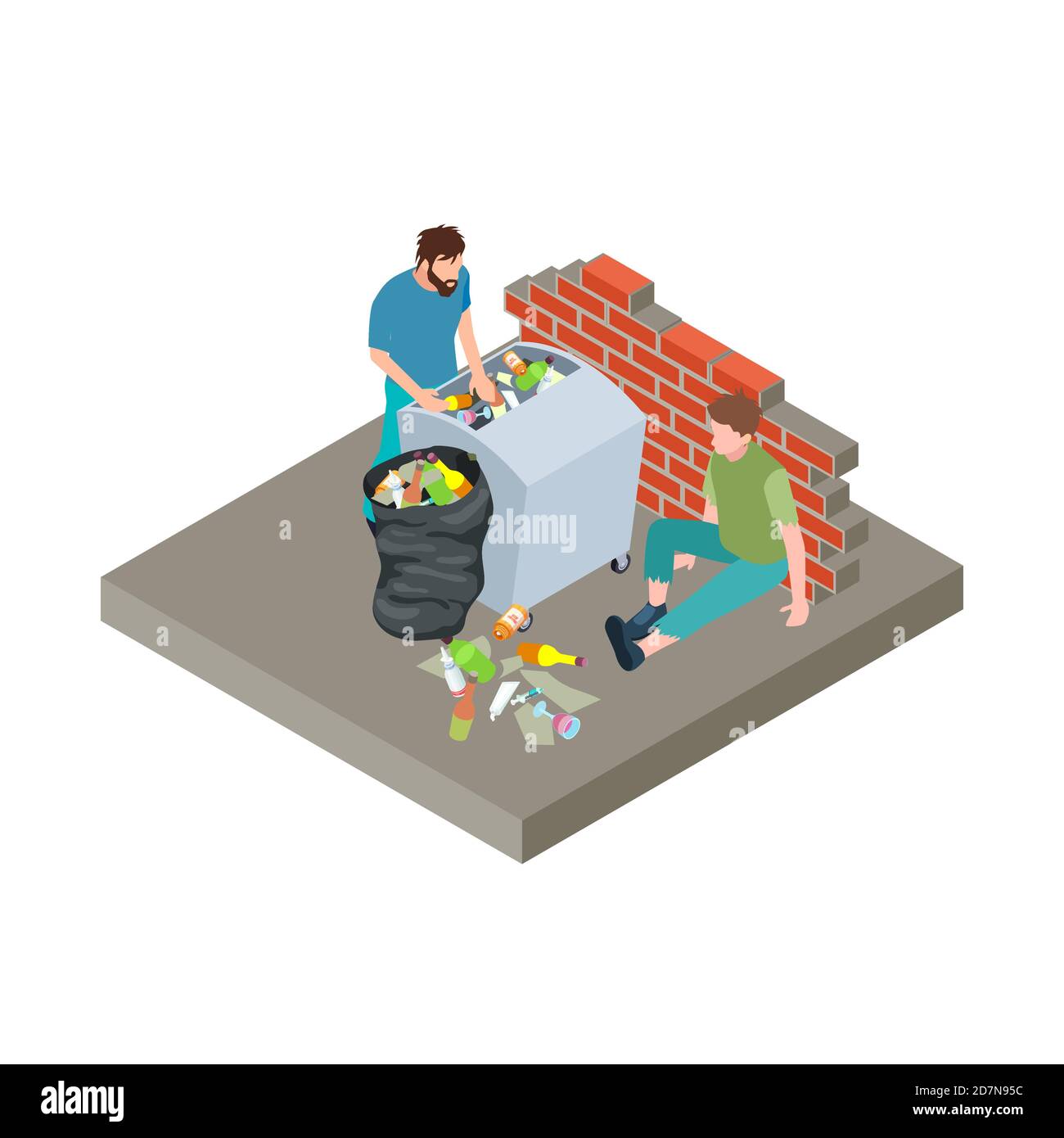 Homeless people, poor people in the trash isometric vector illustration. Homeless character hungry and poverty Stock Vector