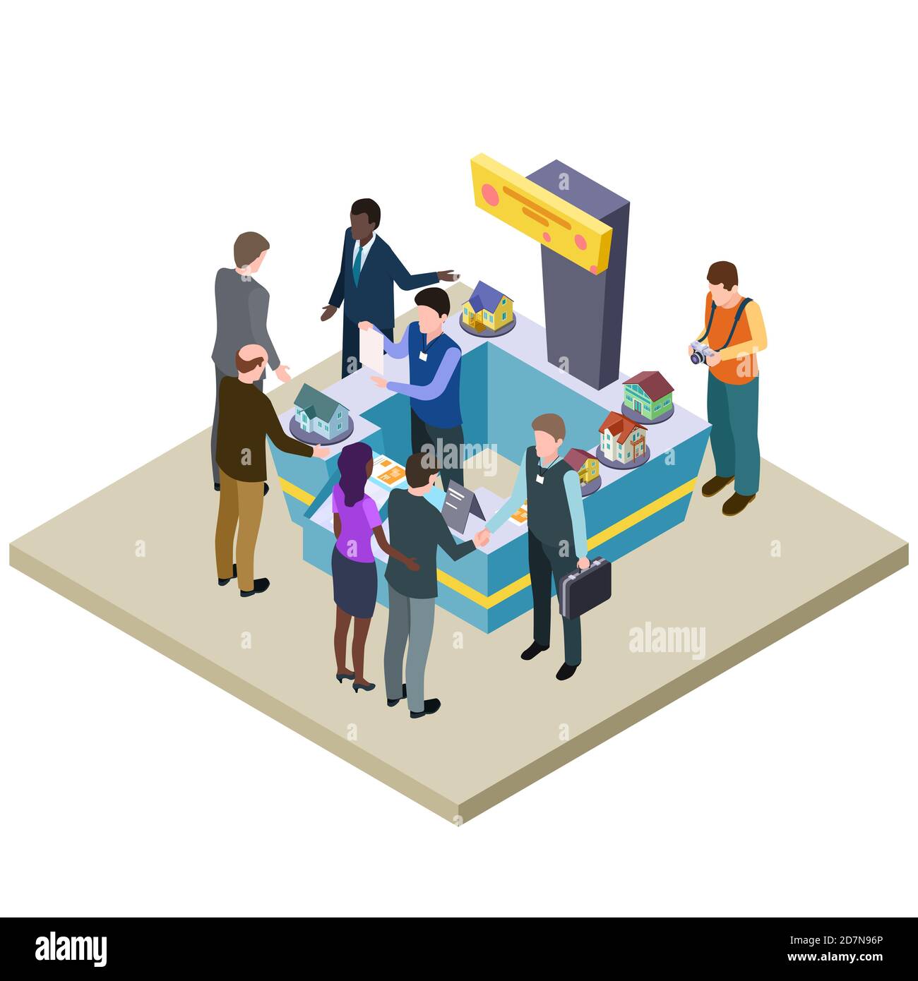 Real Estate exhibition isometric vector illustration. Exhibition architecture 3d, building model Stock Vector